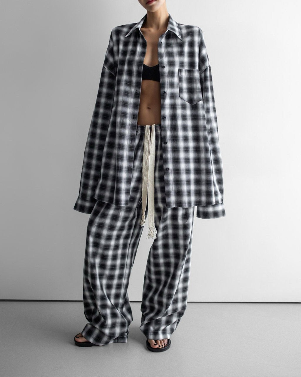 Everyday Over Check Shirt in black plaid — full length front view, worn open over matching wide-leg pants