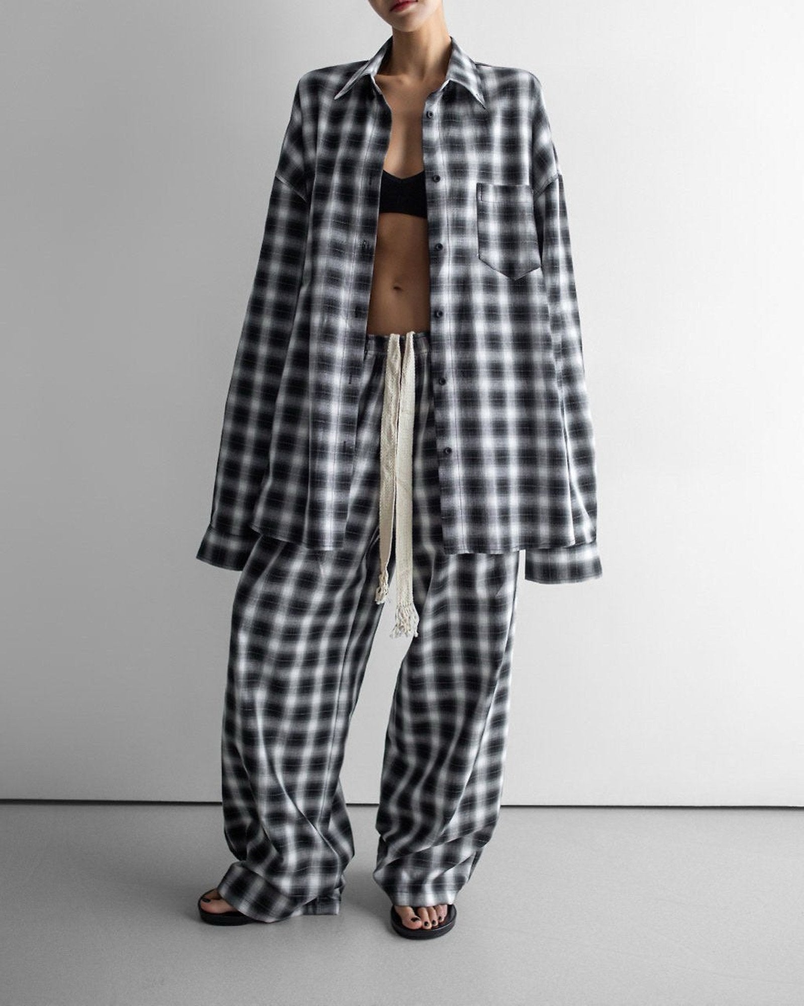 Everyday Over Check Shirt in black plaid — full length front view, worn open over matching wide-leg pants
