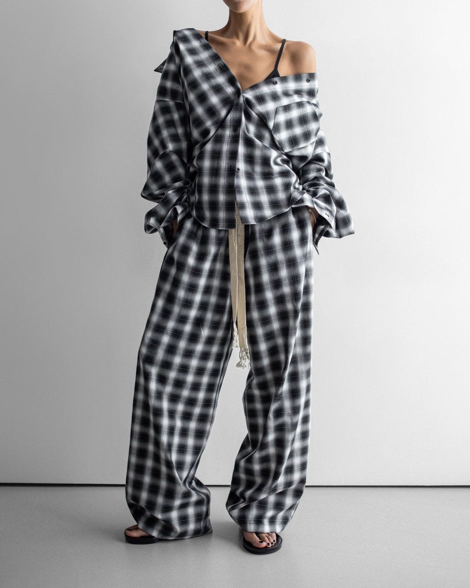 Everyday Over Check Shirt styled off the shoulder, full length