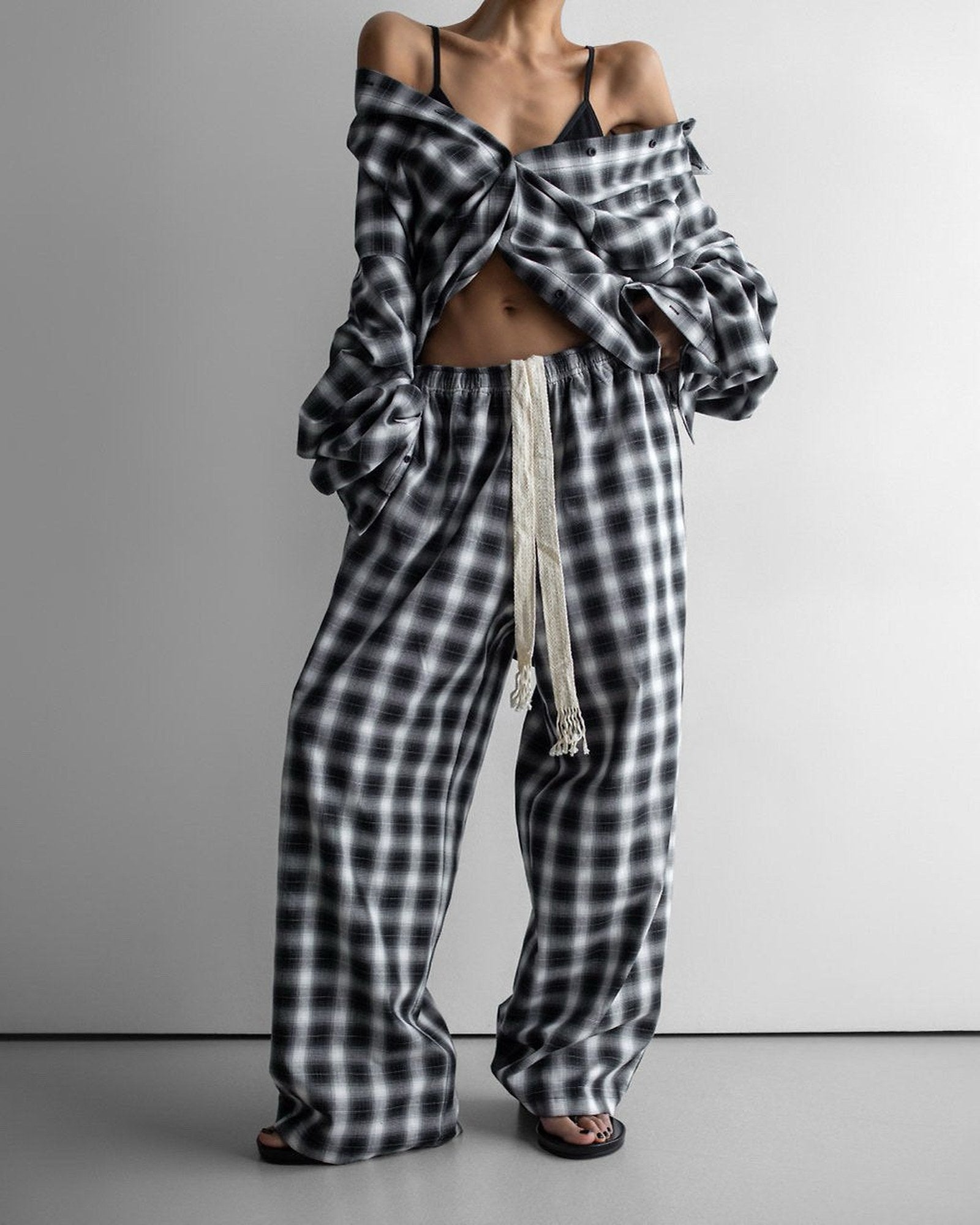 Everyday Over Check Shirt worn wrapped at the waist, full length side view