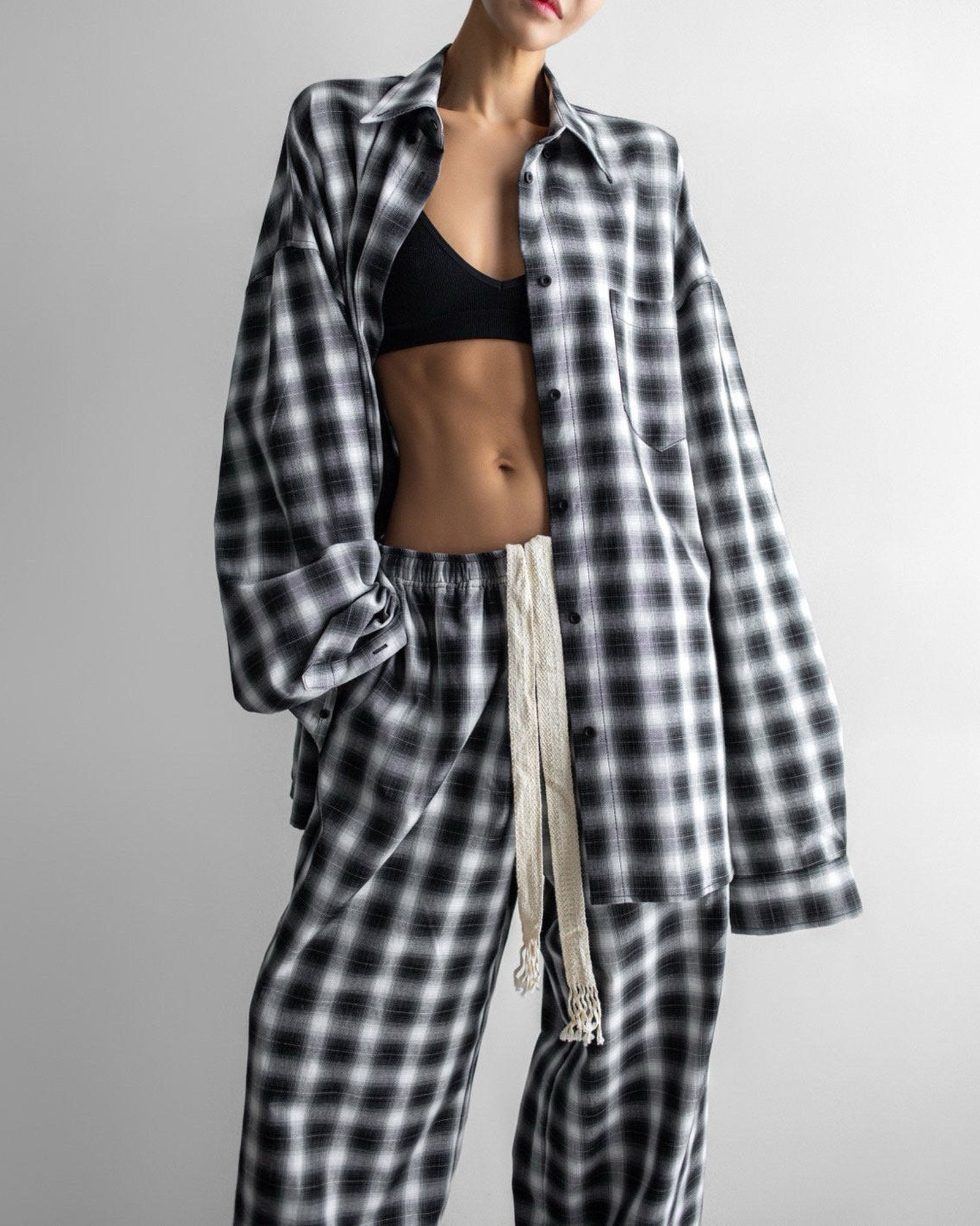 Everyday Over Check Shirt — three quarter view showing drawstring waist detail