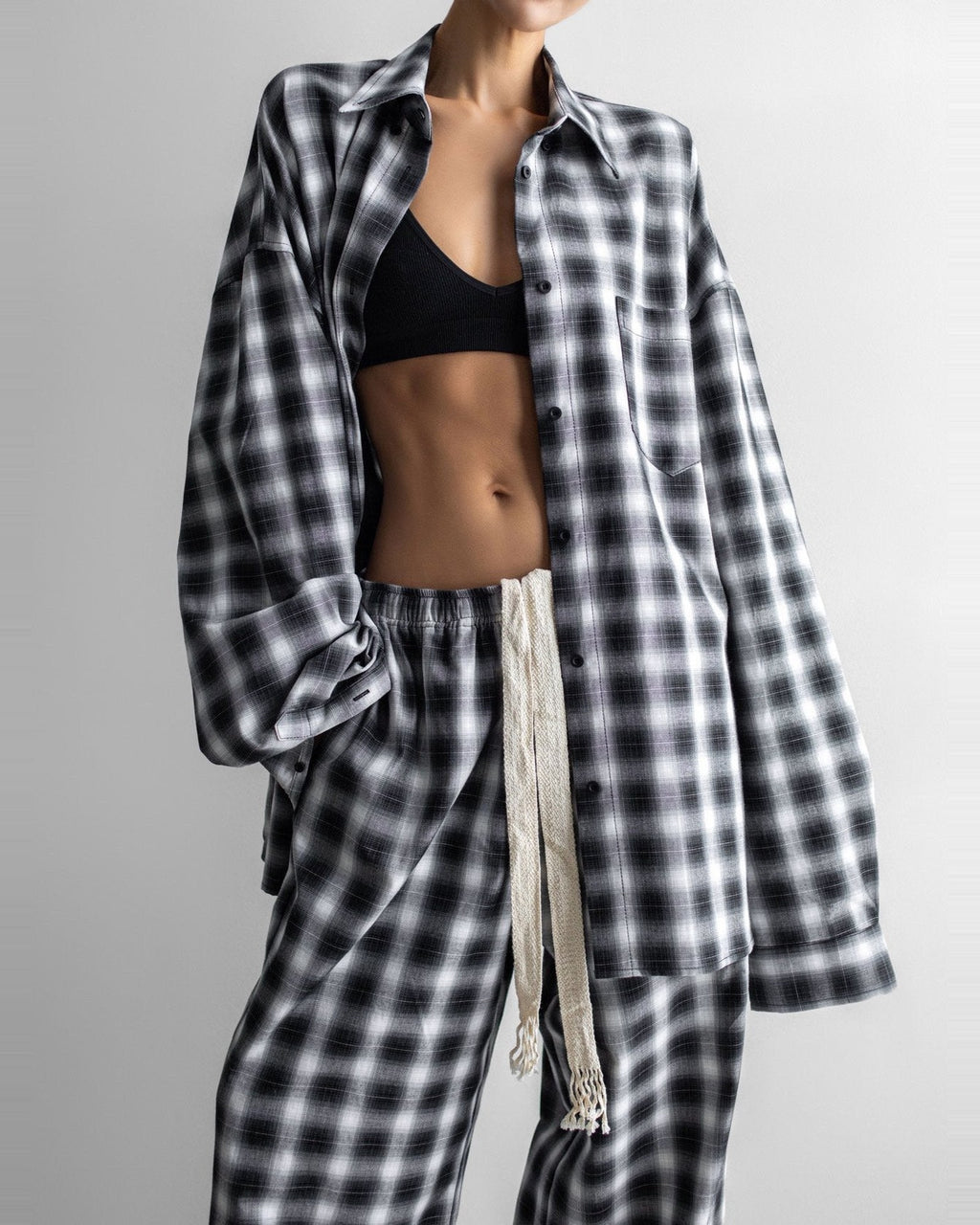 Everyday Over Check Shirt close up — plaid fabric drape and sleeve volume