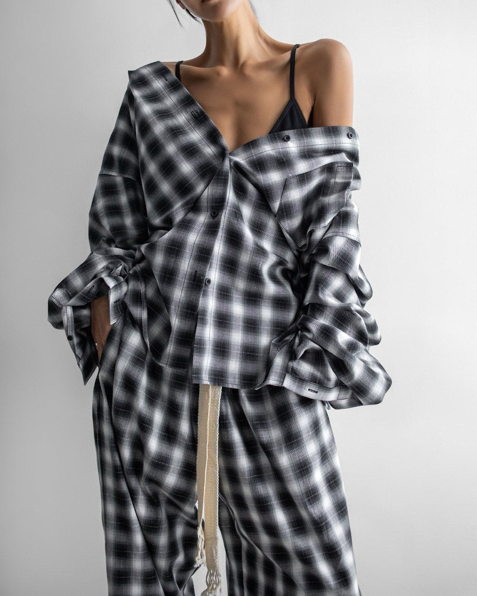Everyday Over Check Shirt close up — collar and off shoulder neckline